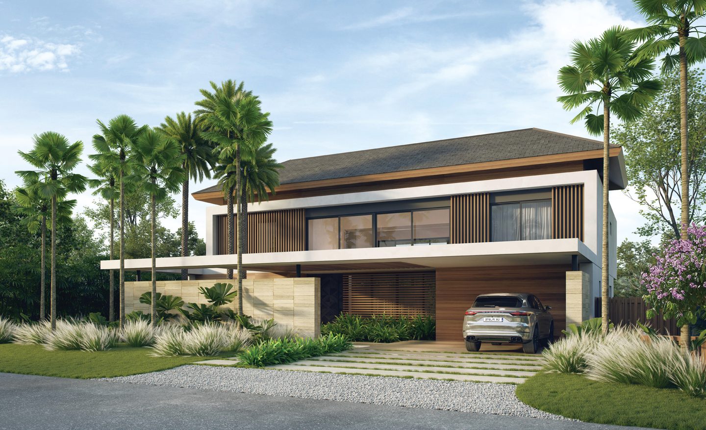 Render de villa moderna con celosías de madera y ventanales, proyecto de diseño Leucaena